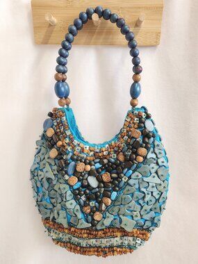 Cebu Signature Collection Beaded Art Purse Turquoise Brown Wooden Beaded Style S